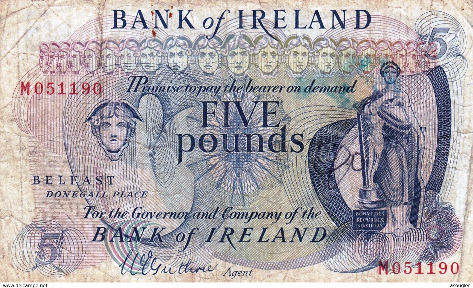 Northern Ireland 5 Pounds ND 1967 F P-57a RARE NOTE "free Shipping Via Registered Air Mail" - Irlanda