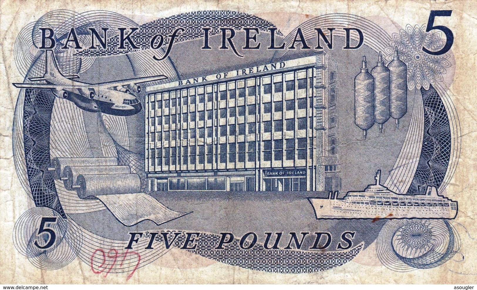 Northern Ireland 5 Pounds ND 1967 F P-57a RARE NOTE "free Shipping Via Registered Air Mail" - Irland