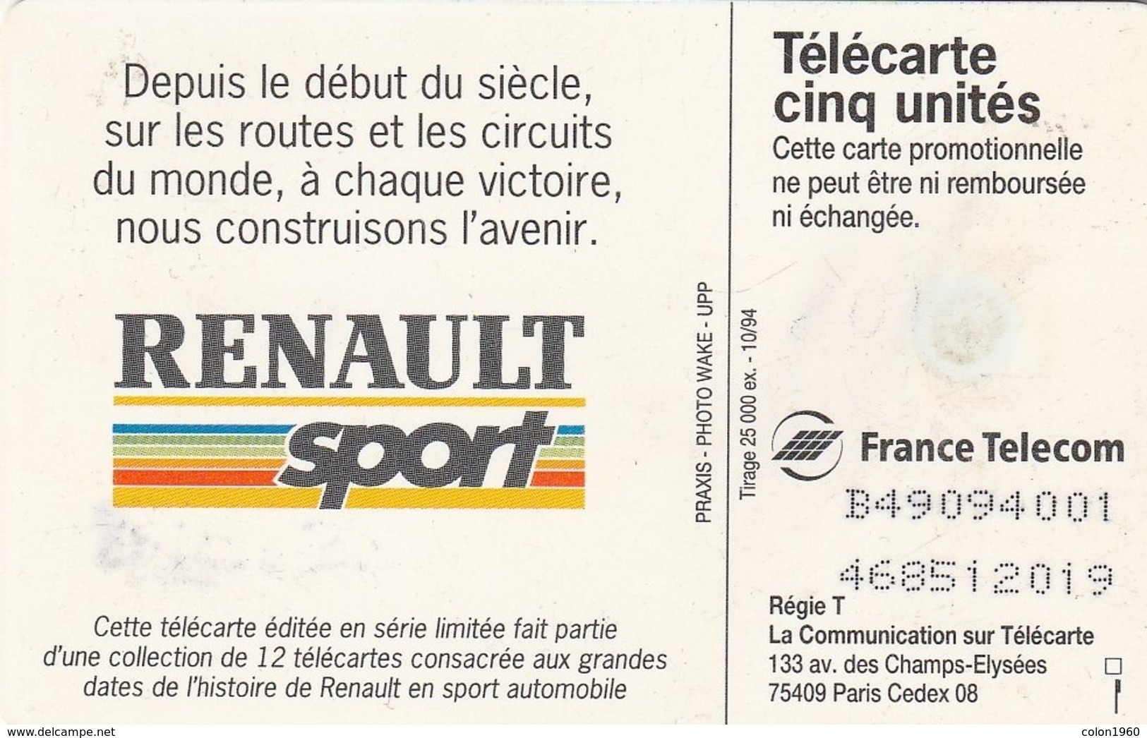 FRANCIA. Gn121. Renault 5. 1978-1985, 5U. Tirage 25.000, 10/94. (229) - Coches