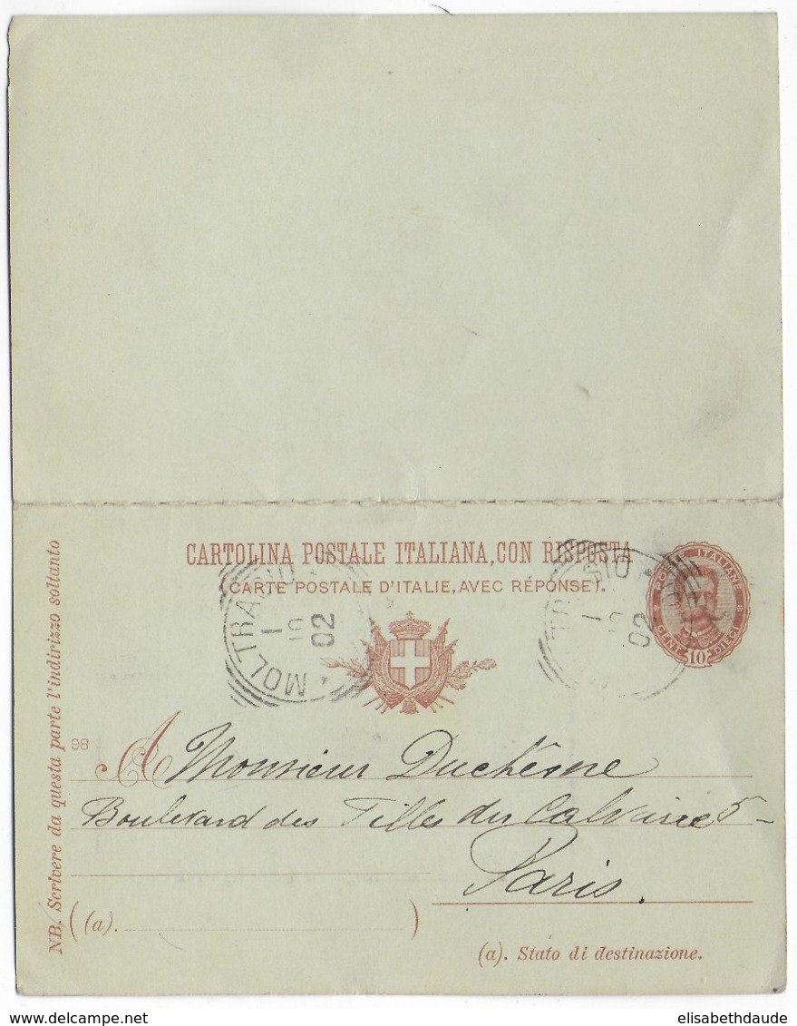 ITALIA - 1902 (DRUCKJAHR 1898) - Mi Nr P32 RARE ! - CARTE ENTIER Avec REPONSE PAYEE De MOLTRASIO => PARIS - Stamped Stationery