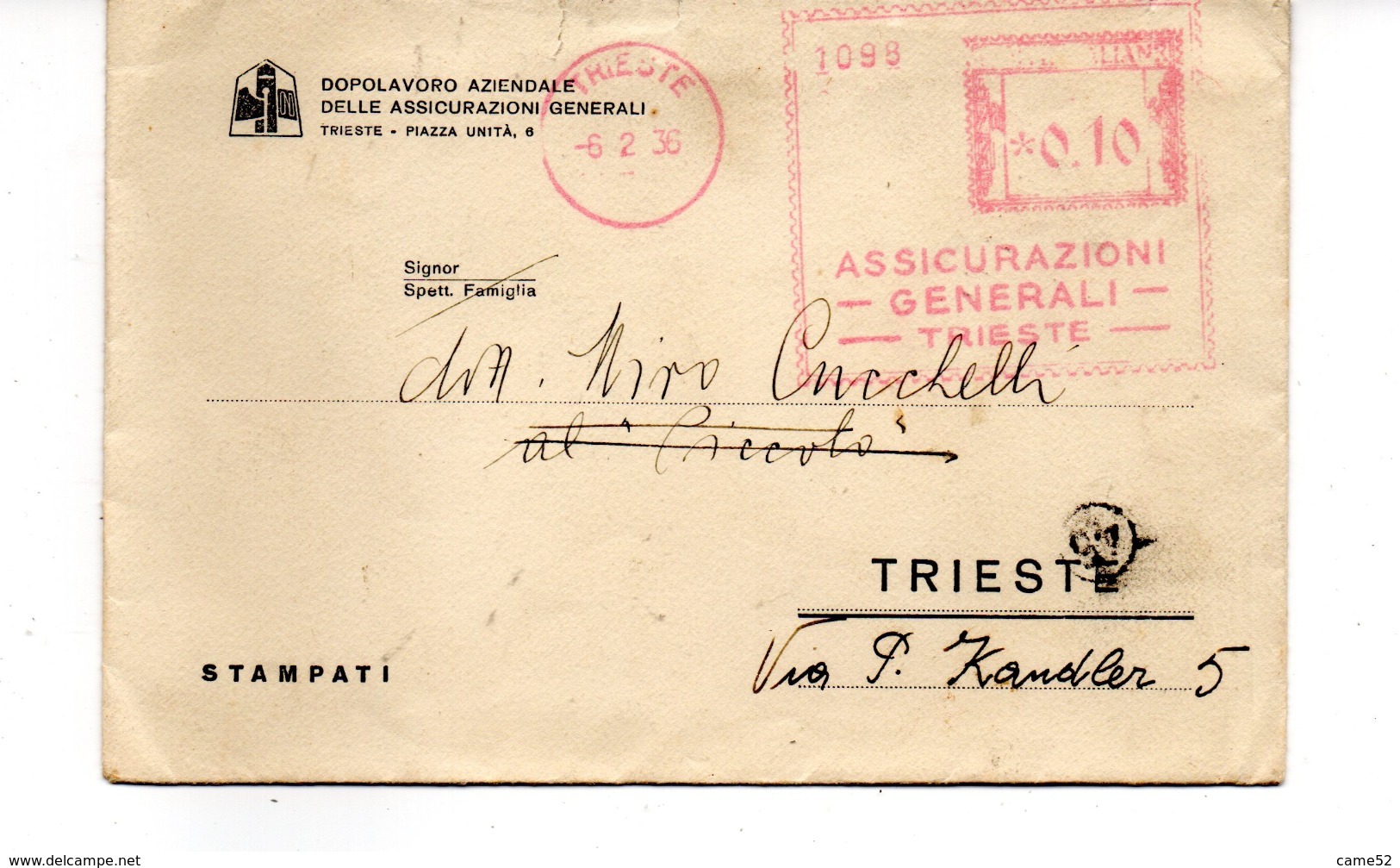 1936 EMA Affrancatura Meccanica Rossa Freistempel Trieste Assicurazioni Generali - Maschinenstempel (EMA)