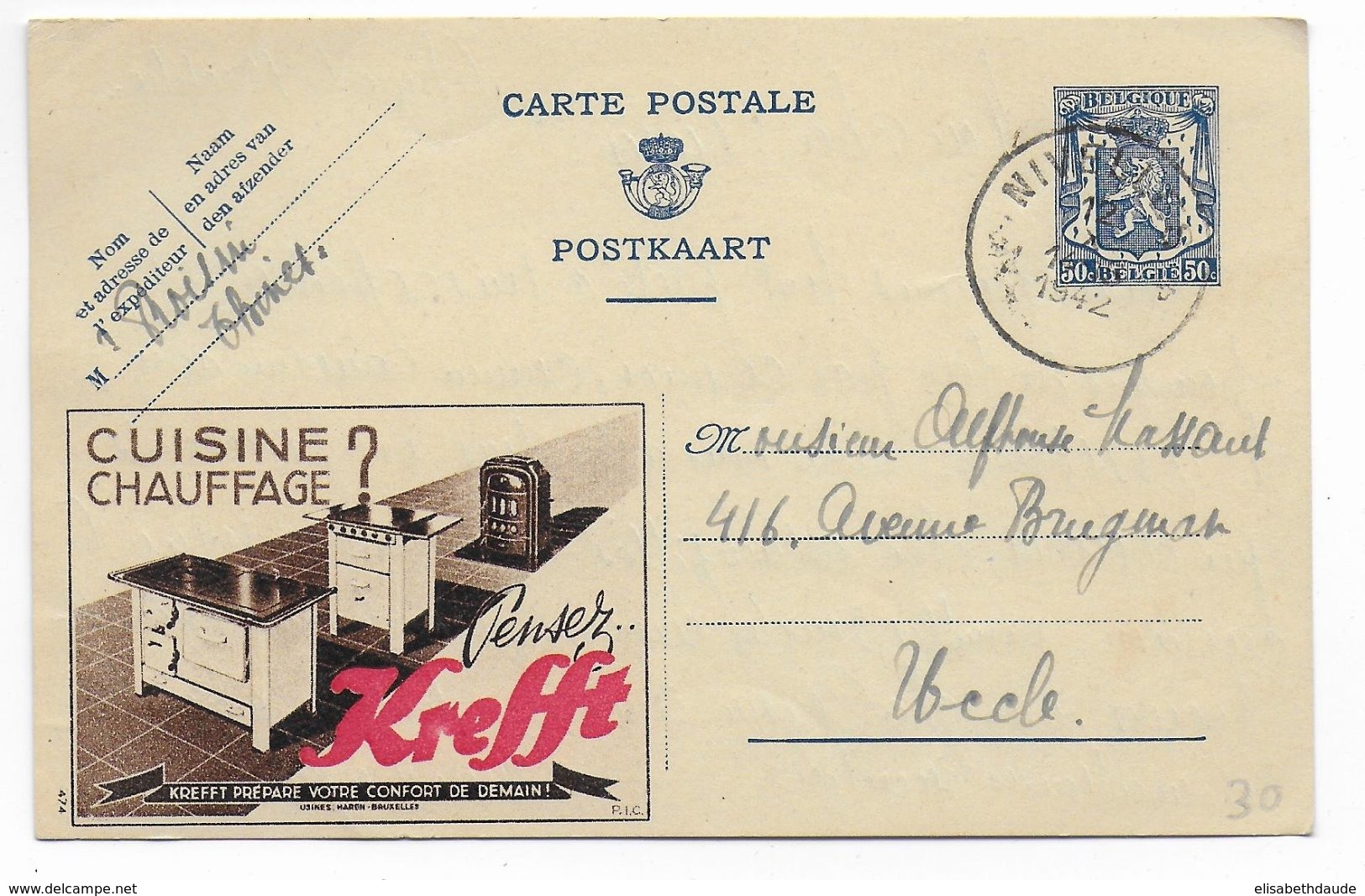 BELGIQUE - 1942 - CARTE ENTIER PUBLIBEL (CUISINE KREFFT) De NIVELLES => UCCLE - Publibels