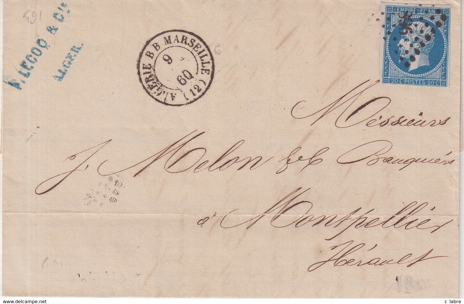 FRANCE : MARITIME . N°14 . PC 1896 . ET CAD " BOITE MOBILE ALGERIE BB MARSEILLE " . (12) . 1860 . - 1849-1876: Période Classique