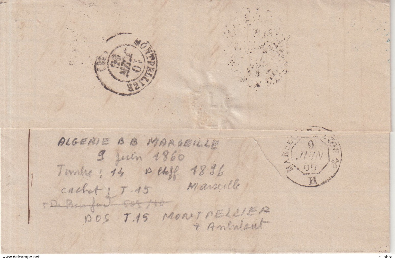 FRANCE : MARITIME . N°14 . PC 1896 . ET CAD " BOITE MOBILE ALGERIE BB MARSEILLE " . (12) . 1860 . - 1849-1876: Période Classique