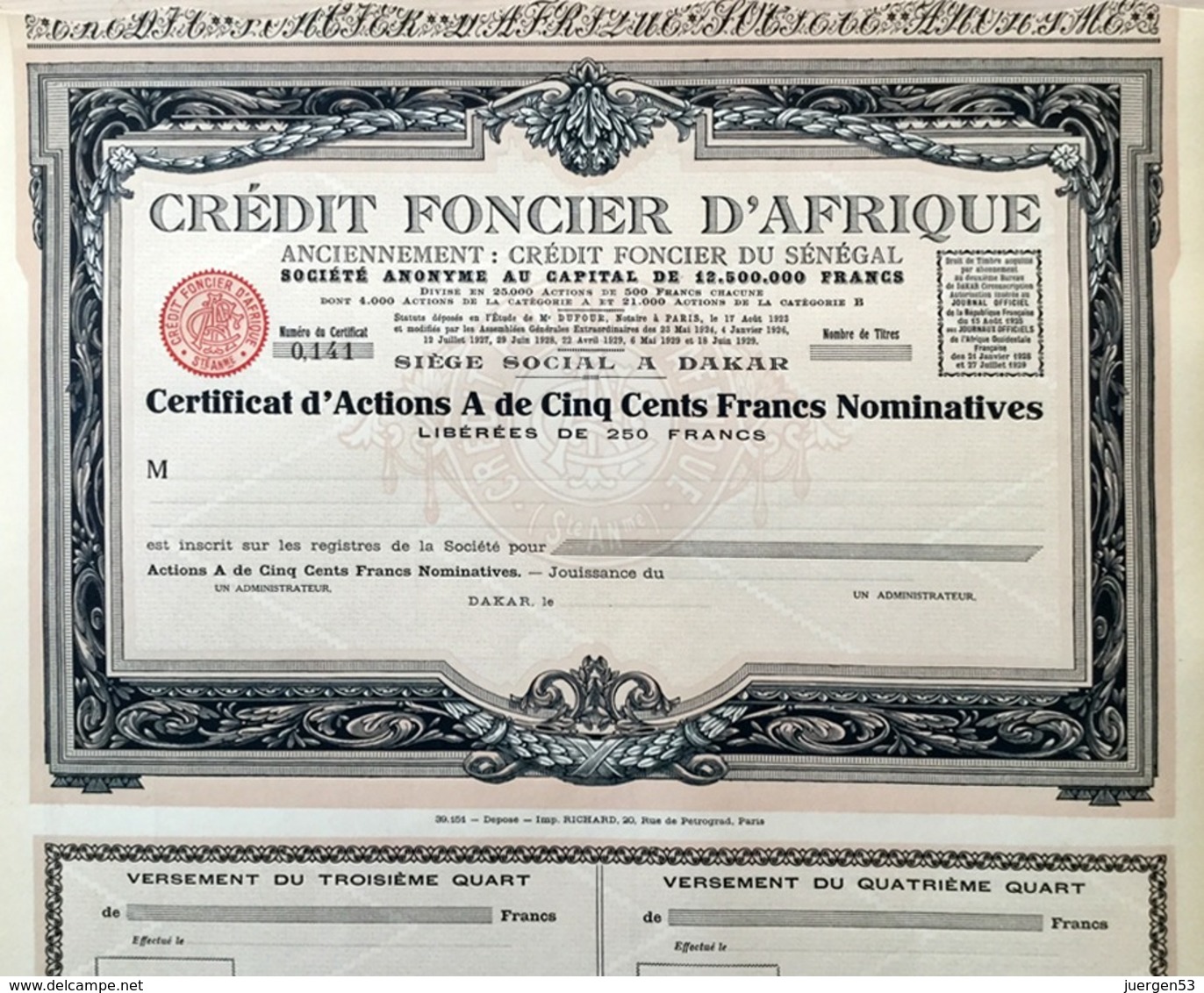 Crédit Fonçier D'Afrique, Certificat D'Actions A - Banque & Assurance