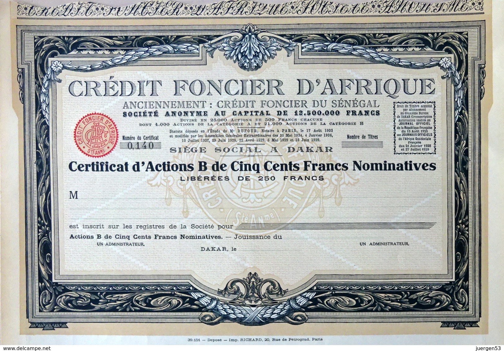 Crédit Fonçier D'Afrique, Certificat D'Actions B - Bank & Versicherung