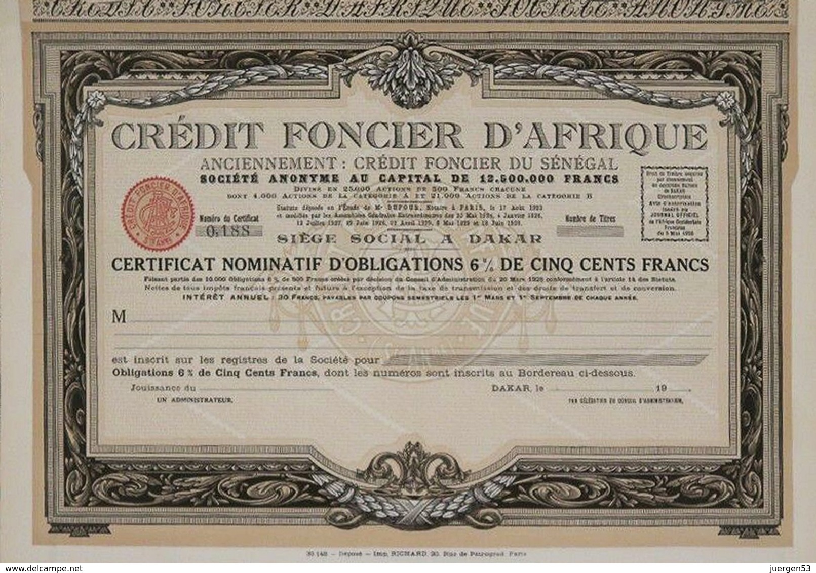Crédit Fonçier D'Afrique, Certificat Nominatif - Banco & Caja De Ahorros