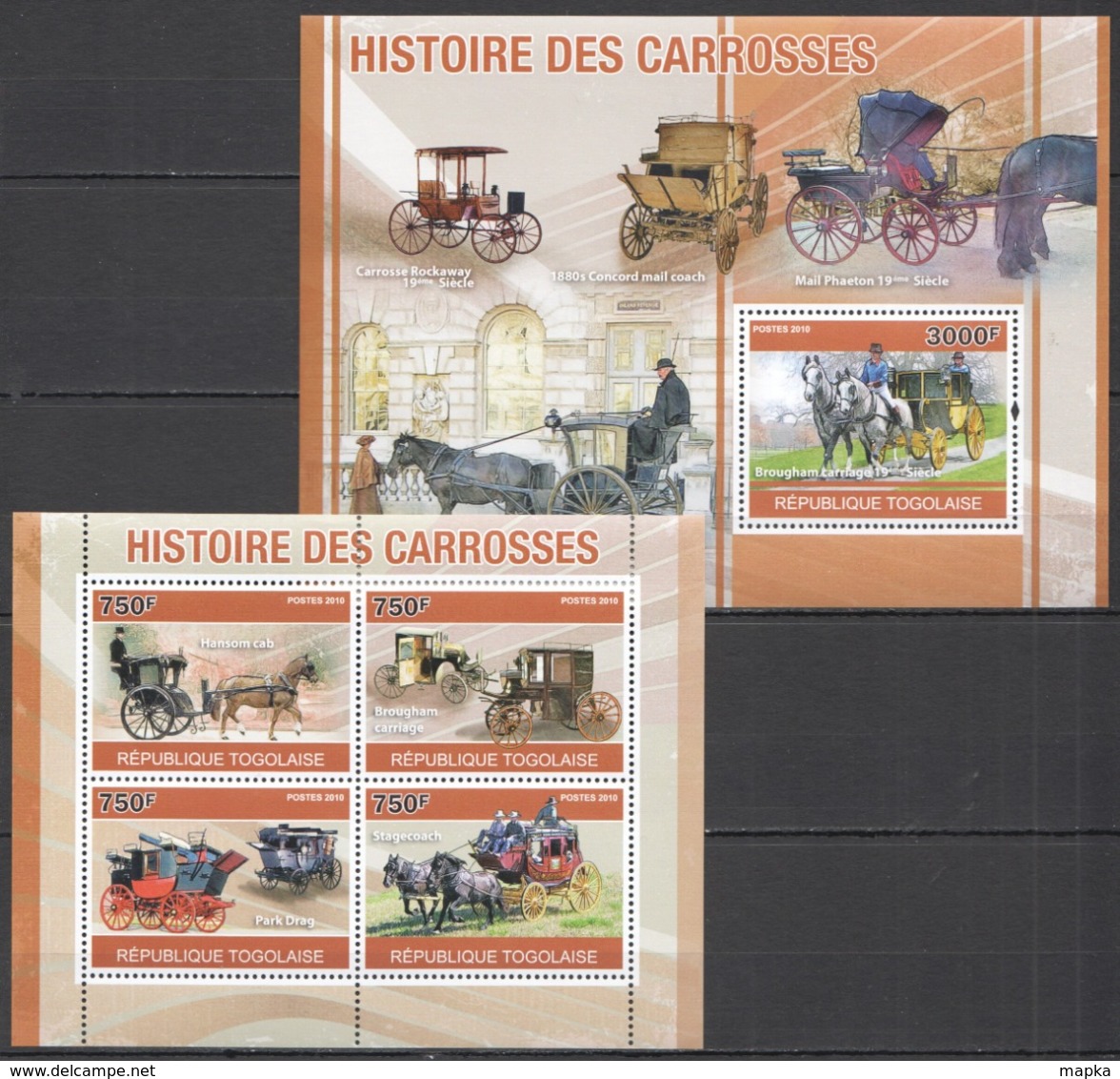 TG1263 2010 TOGO TRANSPORT HISTORY THE COACHES CARROSSES 1KB+1BL MNH - Stage-Coaches