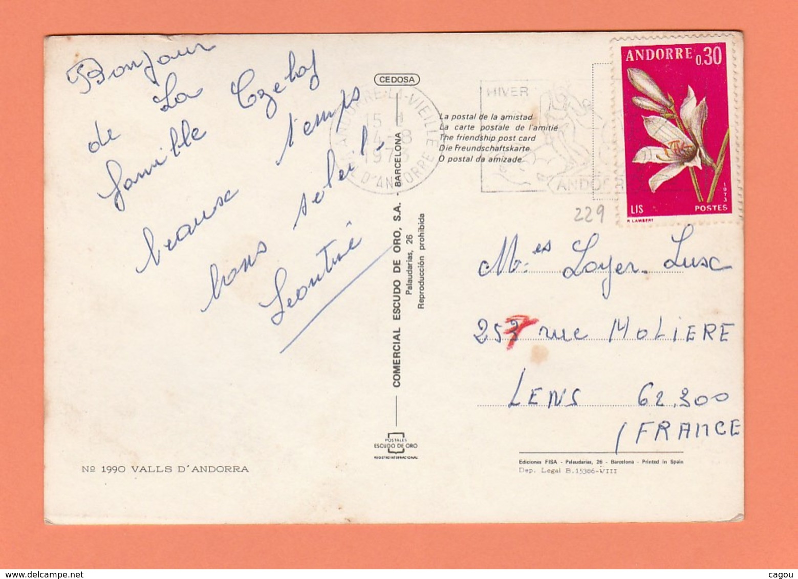 ANDORRE -  TIMBRE N° 229 SUR CARTE POSTALE - Andorre