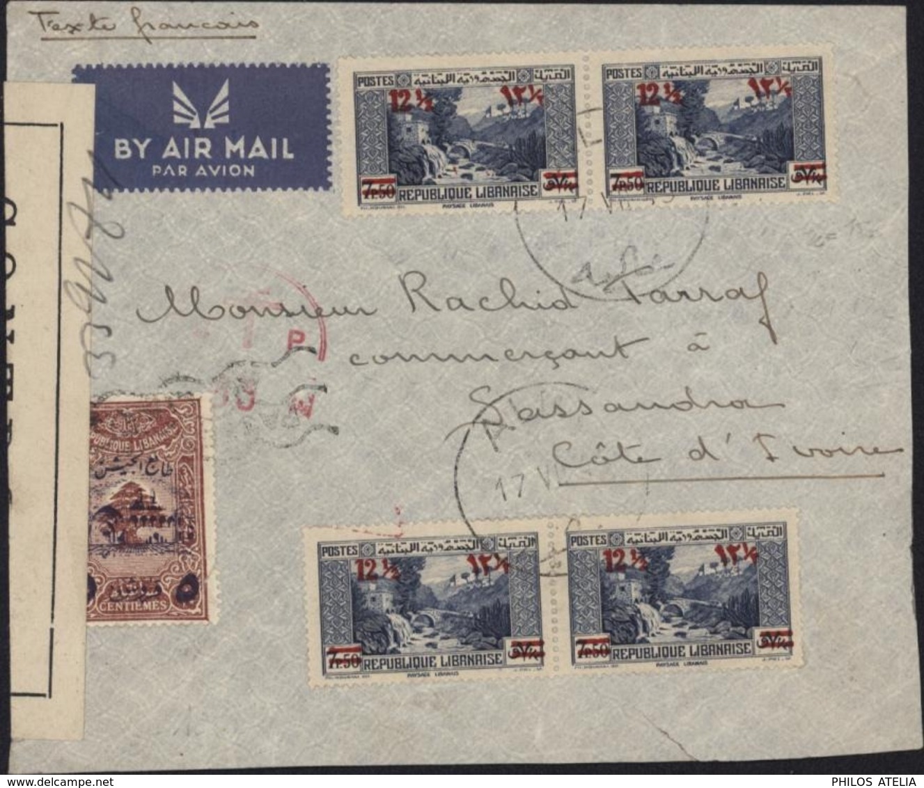 YT 163 X2 197 République Libanaise CAD Aley Liban 17 VIII 45 Dos YT 170 X2 Bande Censure Contrôlé Cachet Croix Lorraine - Libanon