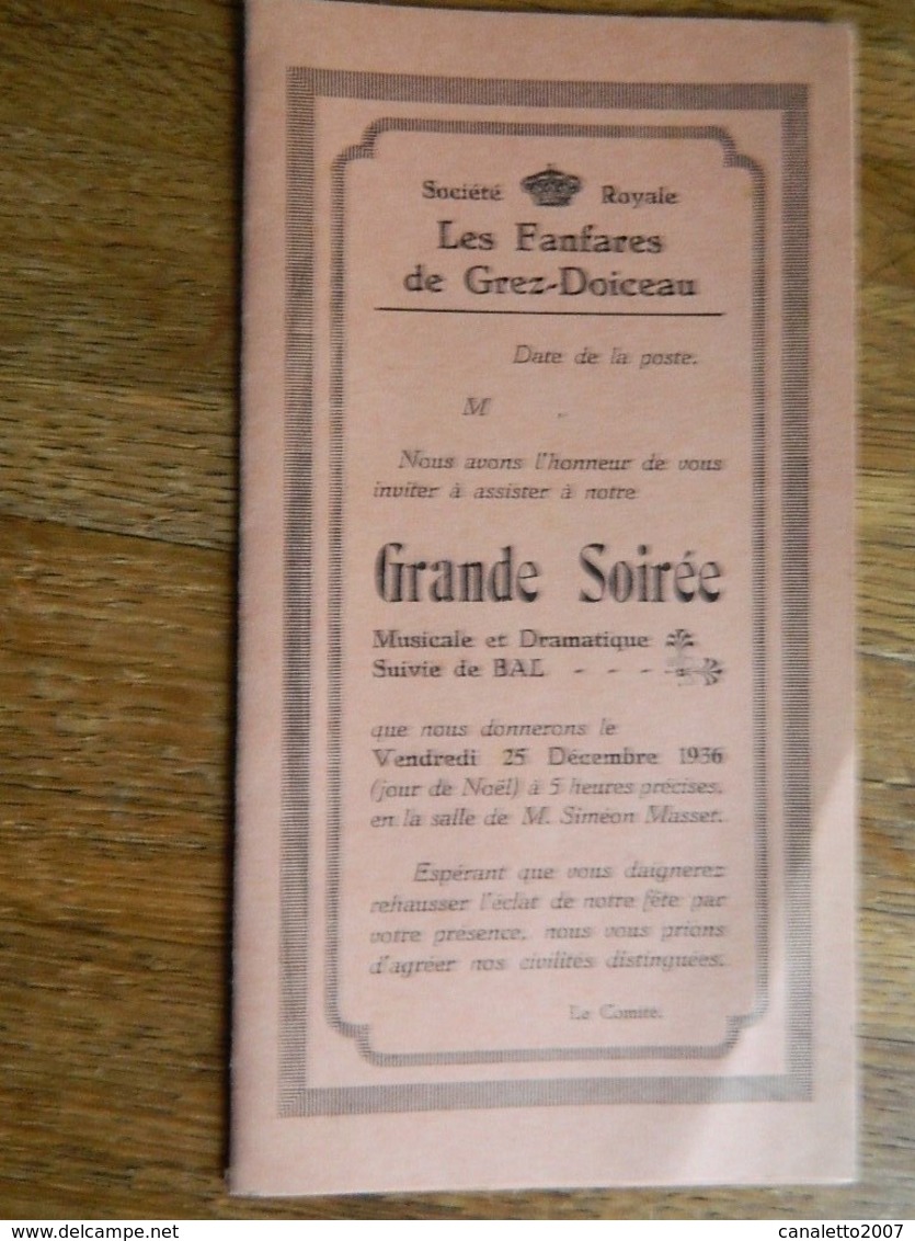 GREZ-DOICEAU:PROGRAMME DE LA GRANDE SOIREE DES FANFARES DE GREZ DOICEAU DE 1936 AVEC UN BAL - Programmes