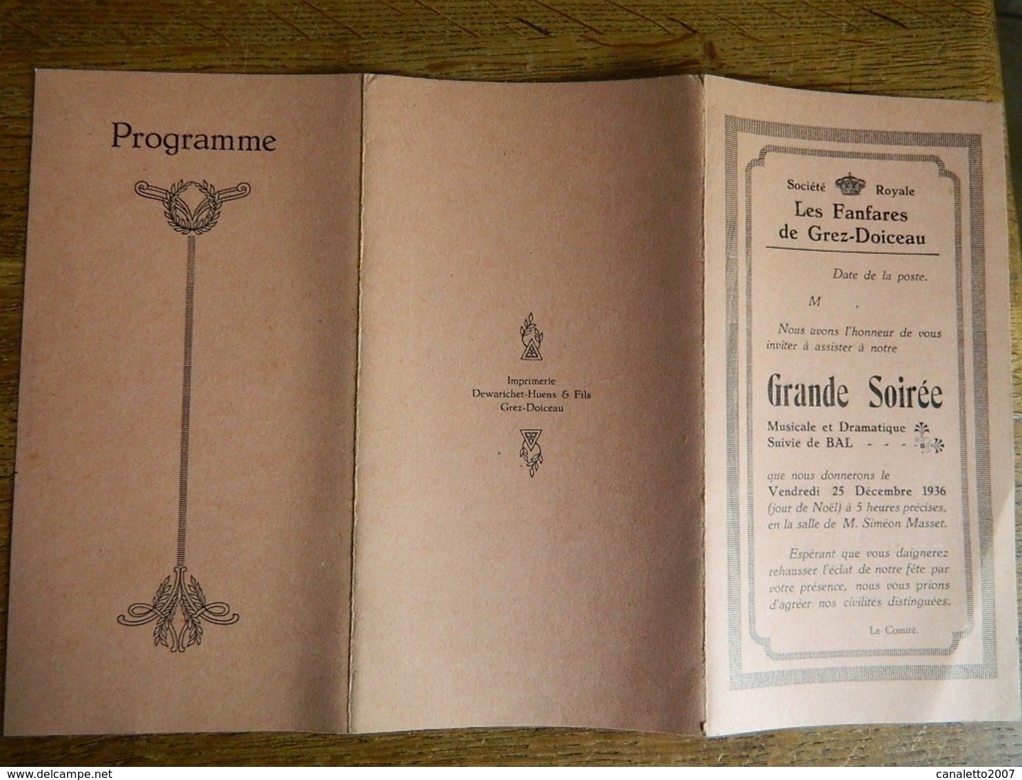 GREZ-DOICEAU:PROGRAMME DE LA GRANDE SOIREE DES FANFARES DE GREZ DOICEAU DE 1936 AVEC UN BAL - Programmes