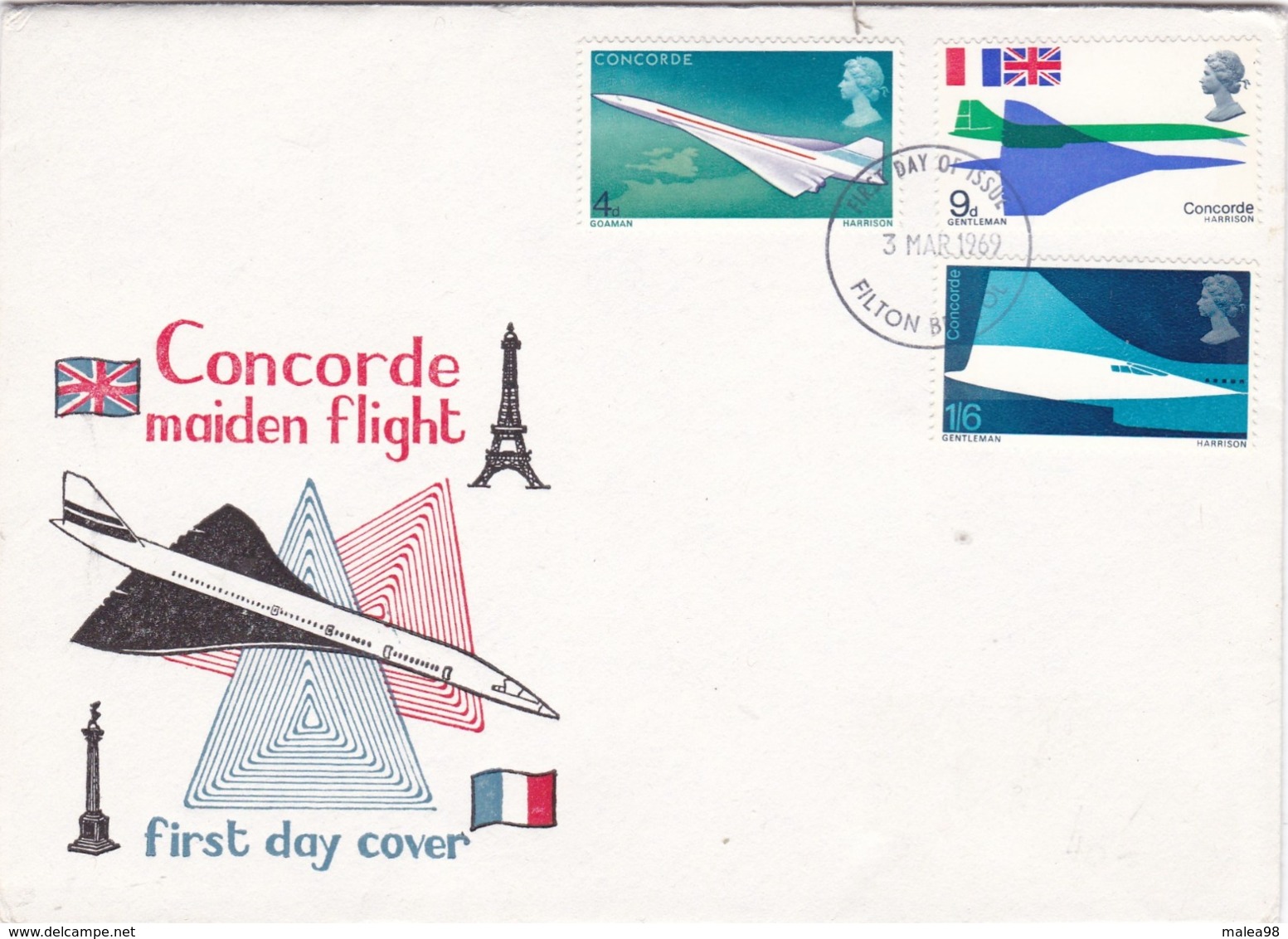 CONCORDE ,,,, CONCORDE  MAIDEN  FLIGHT ,,,,, FIRST  DAY  COVER ,,,, 1969 ,,,TBE ,,,,RARE - Concorde