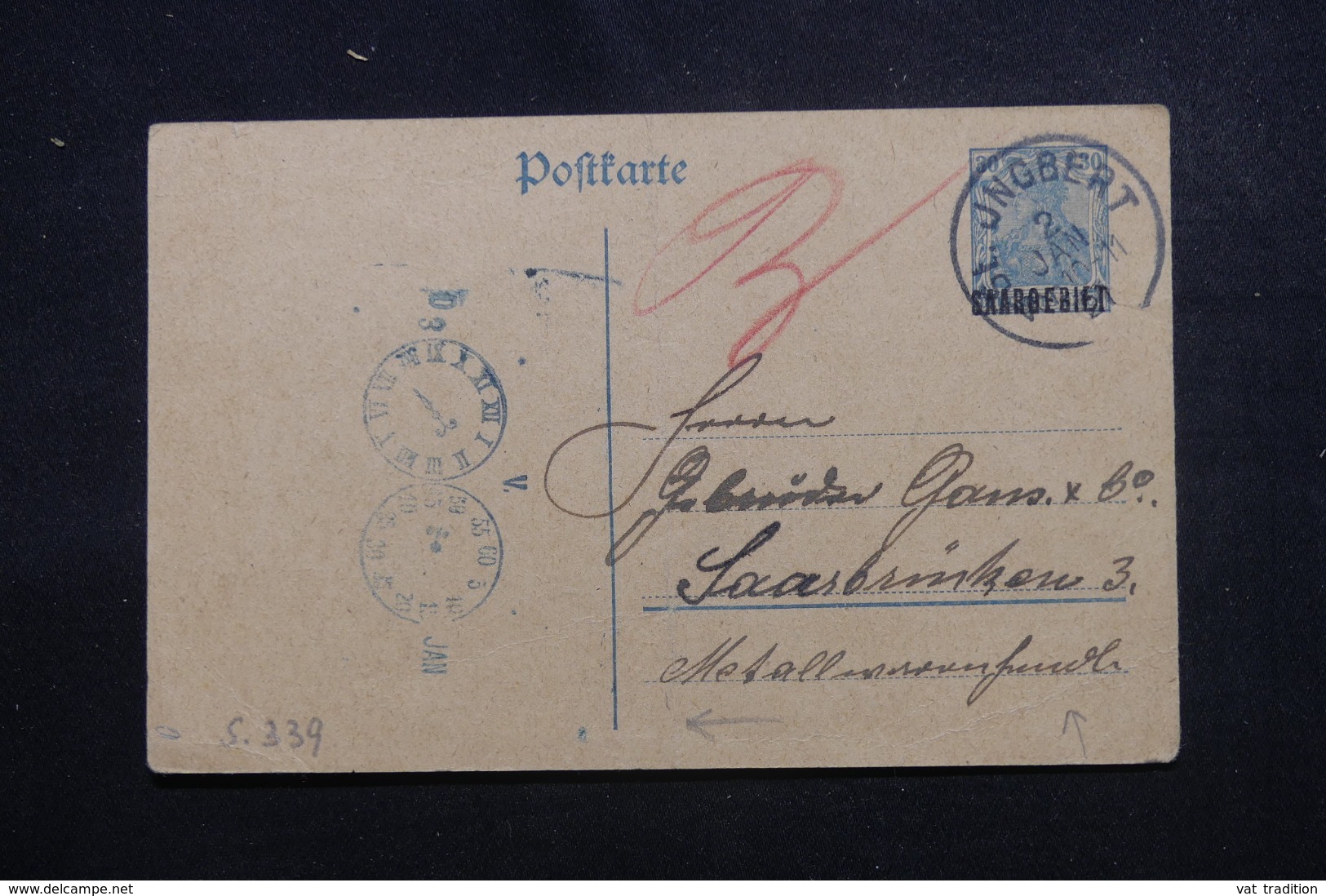 SARRE - Entier Postal ( Type Germania Surchargé ) De Jngbert En 1921, Voir Cachet Avec Heure - L 43910 - Enteros Postales