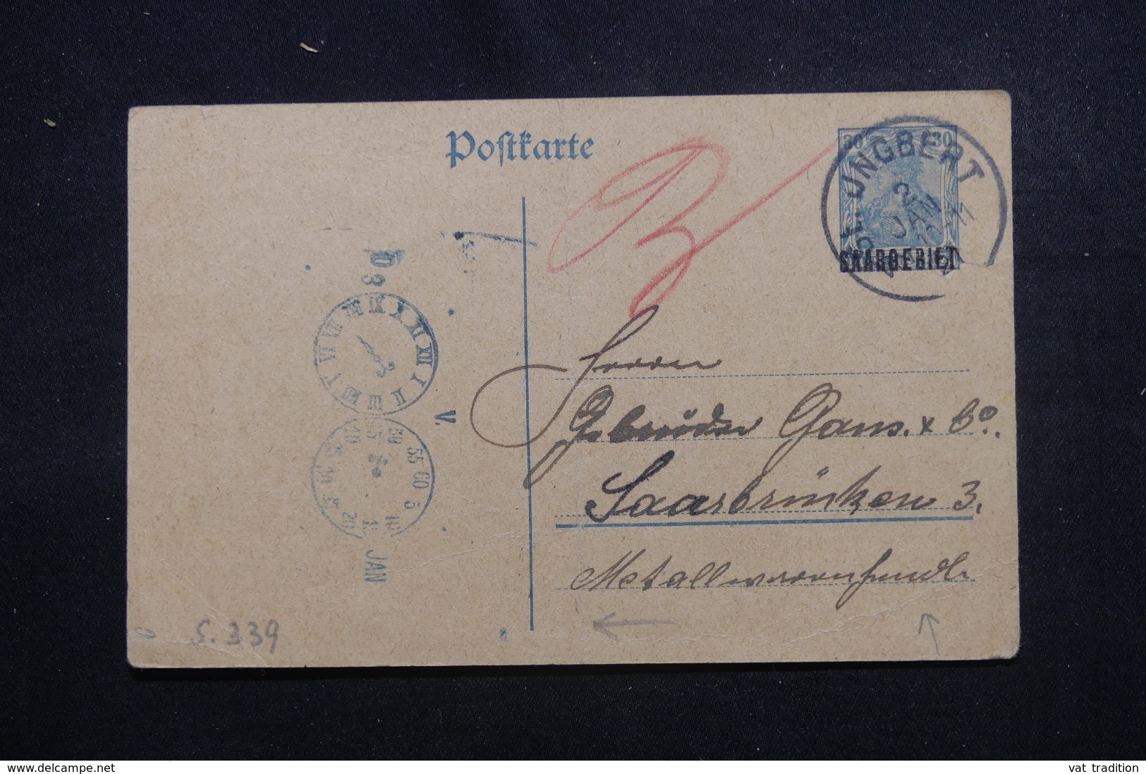 SARRE - Entier Postal ( Type Germania Surchargé ) De Jngbert En 1921, Voir Cachet Avec Heure - L 43910 - Entiers Postaux