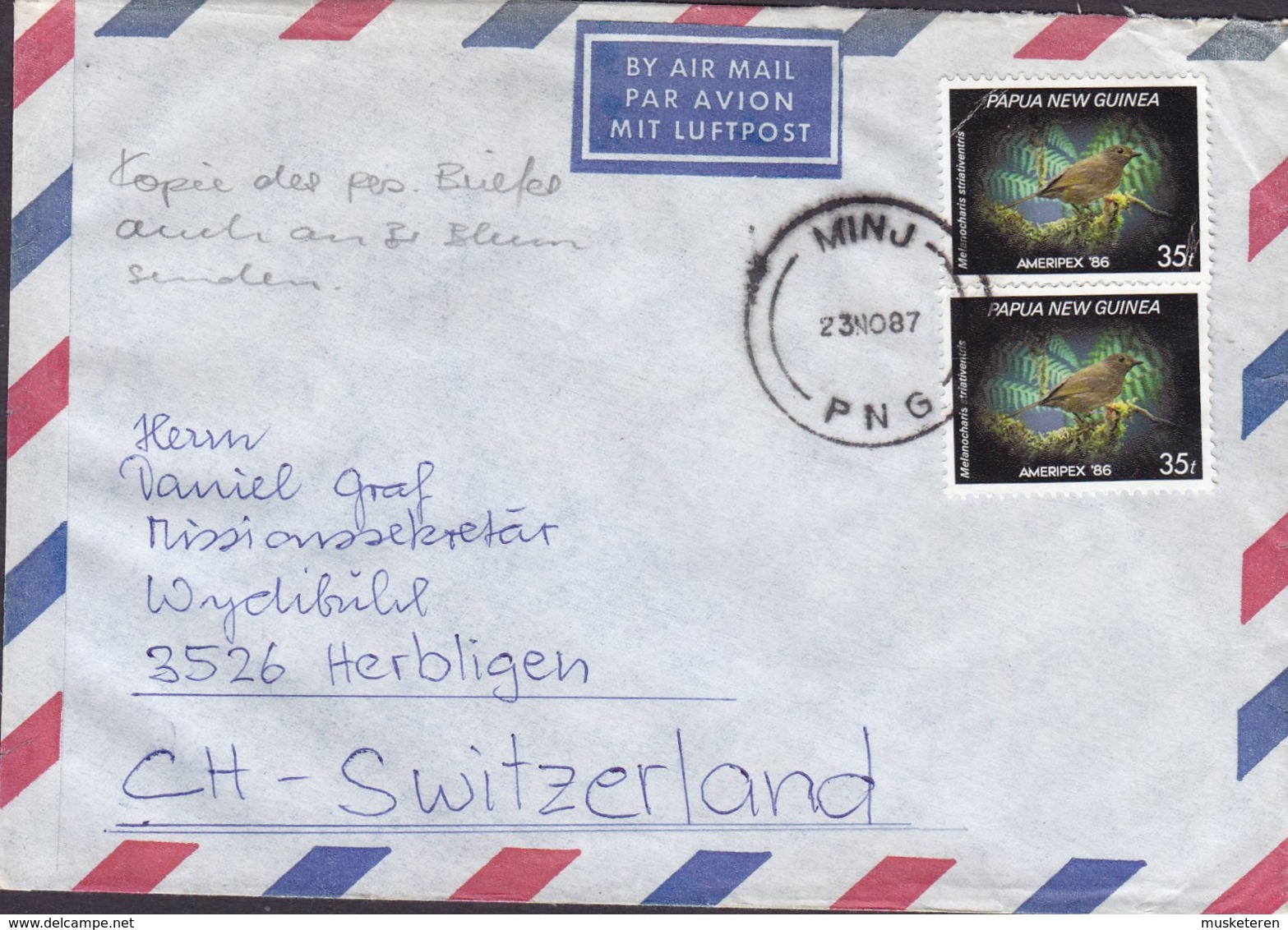 Papua New Guinea Air Mail MINJ 1987 Cover Brief Wydibühl Switzerland 2x Bird Vogel Oiseau - Papua-Neuguinea