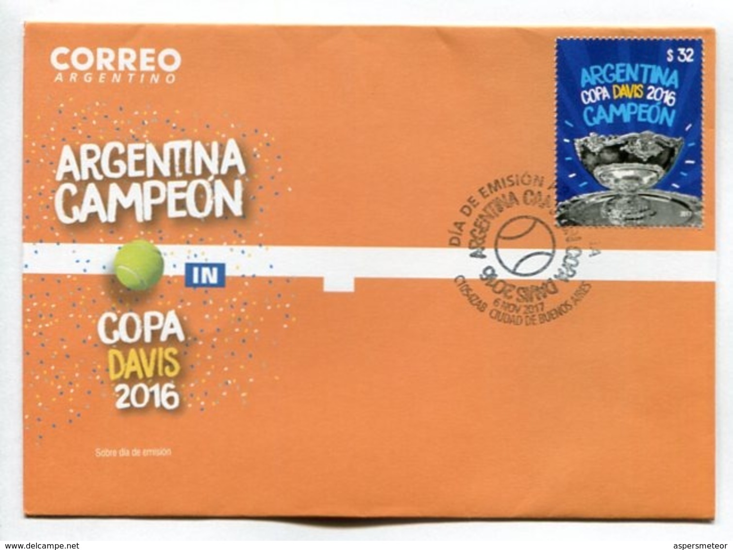 ARGENTINA CAMPEÓN EN COPA DAVIS 2016. TENIS TENNIS - ARGENTINA 2017 FDC SOBRE DIA DE EMISION -LILHU - FDC