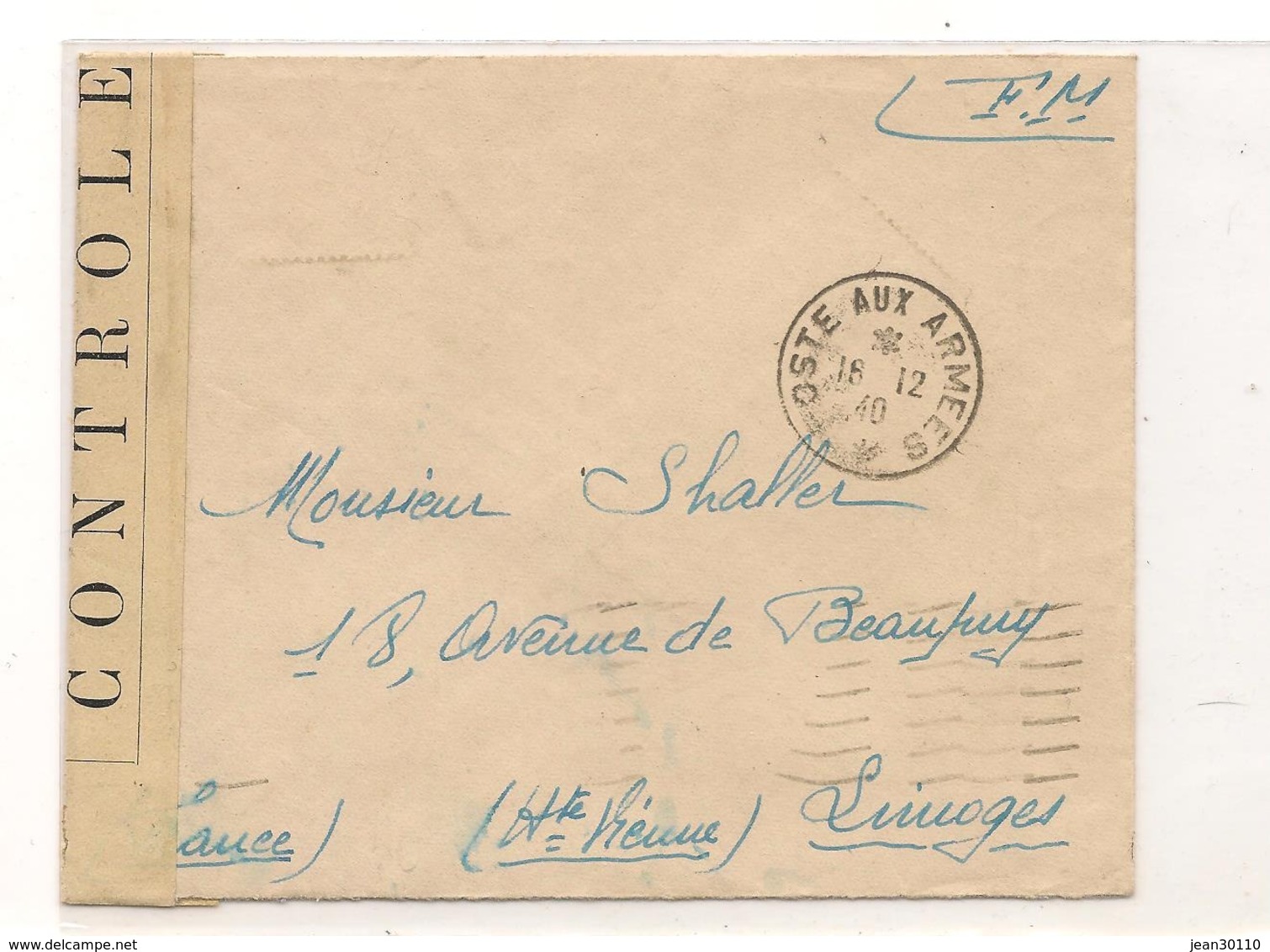 FRANCE 1940  ENVELOPPE F.M. POUR LIMOGES CONTRÔLÉE PAR LES AUTORITÉS MILITAIRES - Guerre De 1939-45