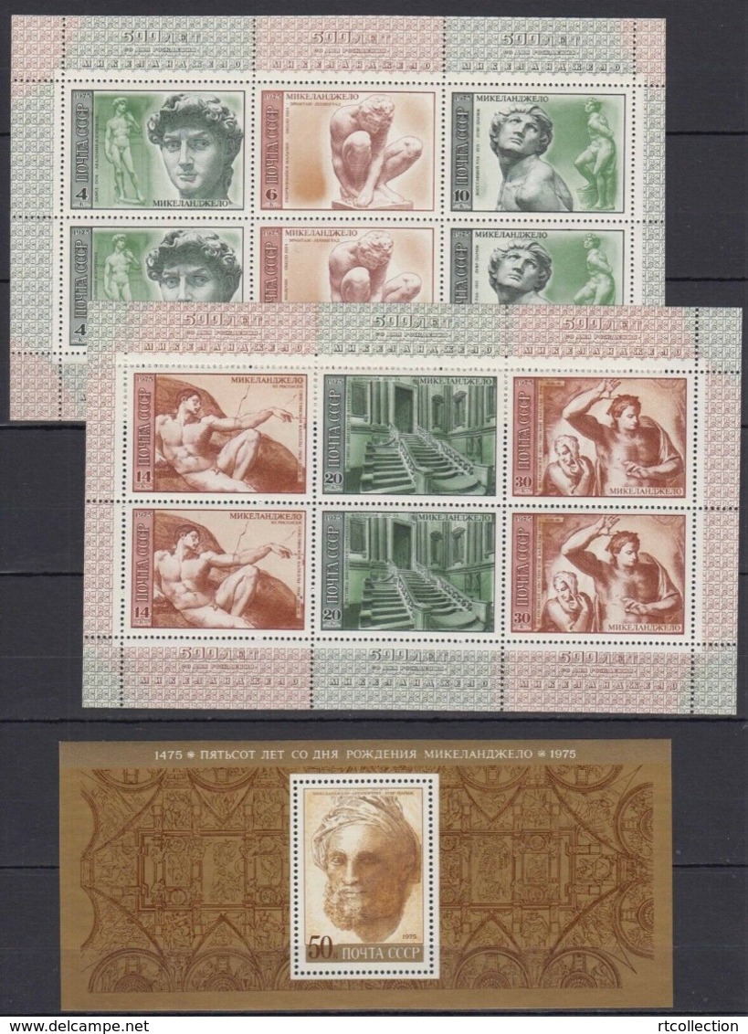 USSR Russia 1975 - 3 S/S David Michelangelo 500th Birth Anniv Bounarroti Works ART Sculpture Paintings Stamps Mi Bl100 - Sculpture