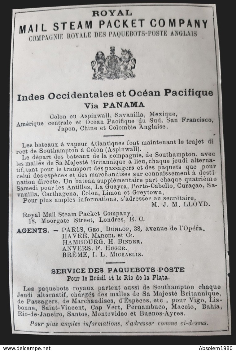 1887 ROYAL MAIL STEAM PACKET COMPANY INDES OCEAN PACIFIQUE ANTILLES COMPAGNIE ROYALES PAQUEBOT POSTE ANGLAIS UK AD PUB - Advertising