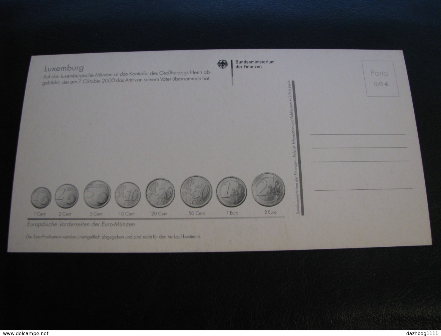 Germany Unused Postcard Clean Image Of Euro Coin Luxembourg - Coins (pictures)