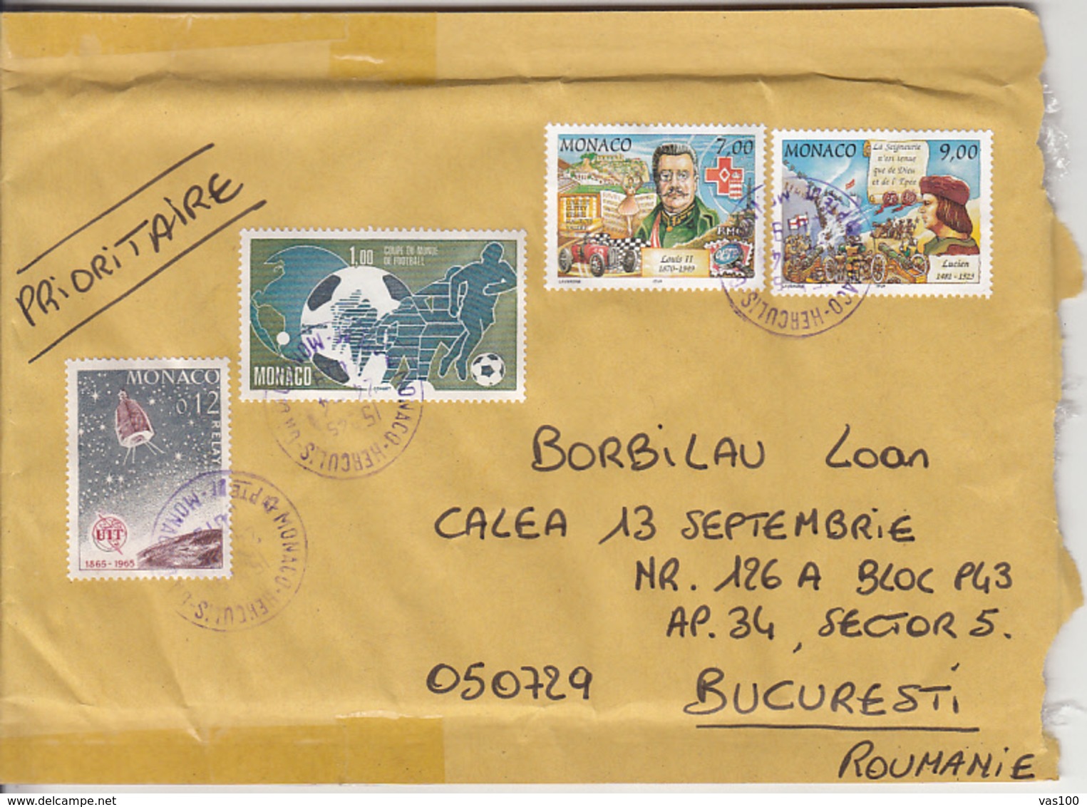 TELECOM, SOCCER, LOUIS II, LUCIEN, STAMPS ON COVER, 2019, MONACO - Lettres & Documents