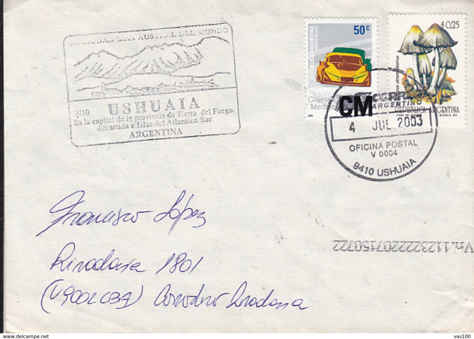 USHUAIA- TIERRA DEL FUEGO SPECIAL POSTMARK, CAR,MUSHROOMS, STAMPS ON COVER, 2003, ARGENTINA - Lettres & Documents