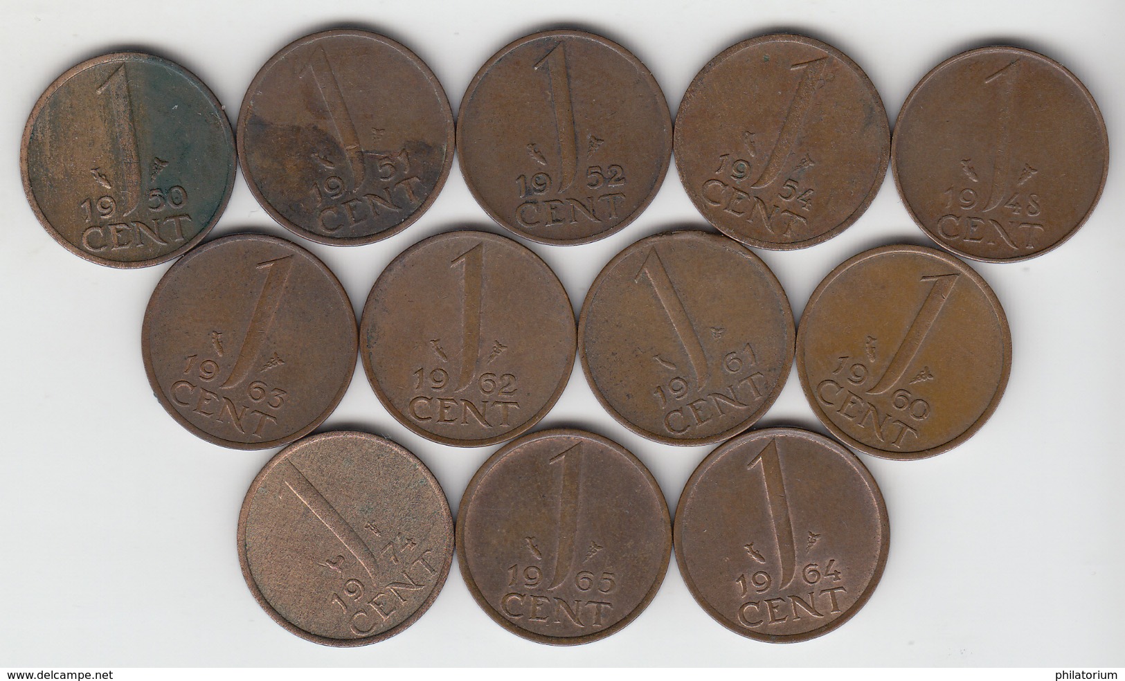 Pays Bas 1 Cent 1948 ; 1950 ; 1951 ; 1952 ; 1954 ; 1960 ; 1961 ; 1962 ; 1963 ; 1964 ; 1965 ; 1974 ;  1c Nederland - 1948-1980 : Juliana