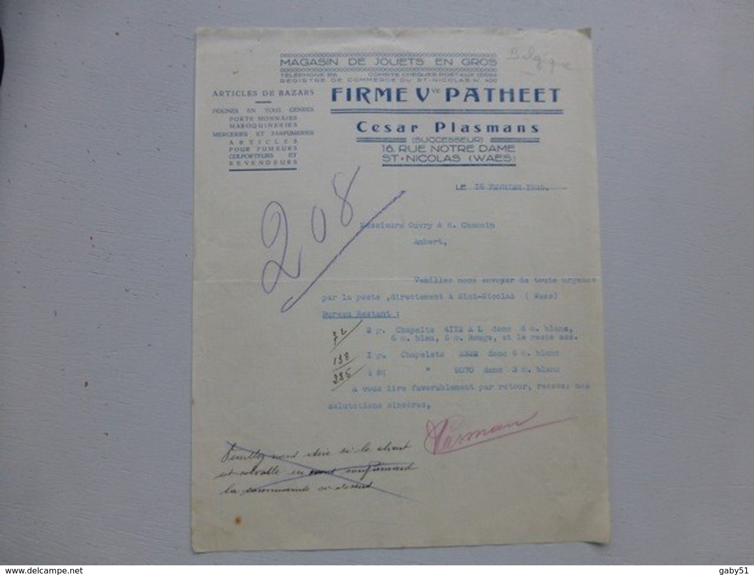 Belgique WAES 1935 Firme Vve PATHEET Cesar Plasmans, Fac Ture Autographe  Ref 762 ; PAP08 - 1900 – 1949