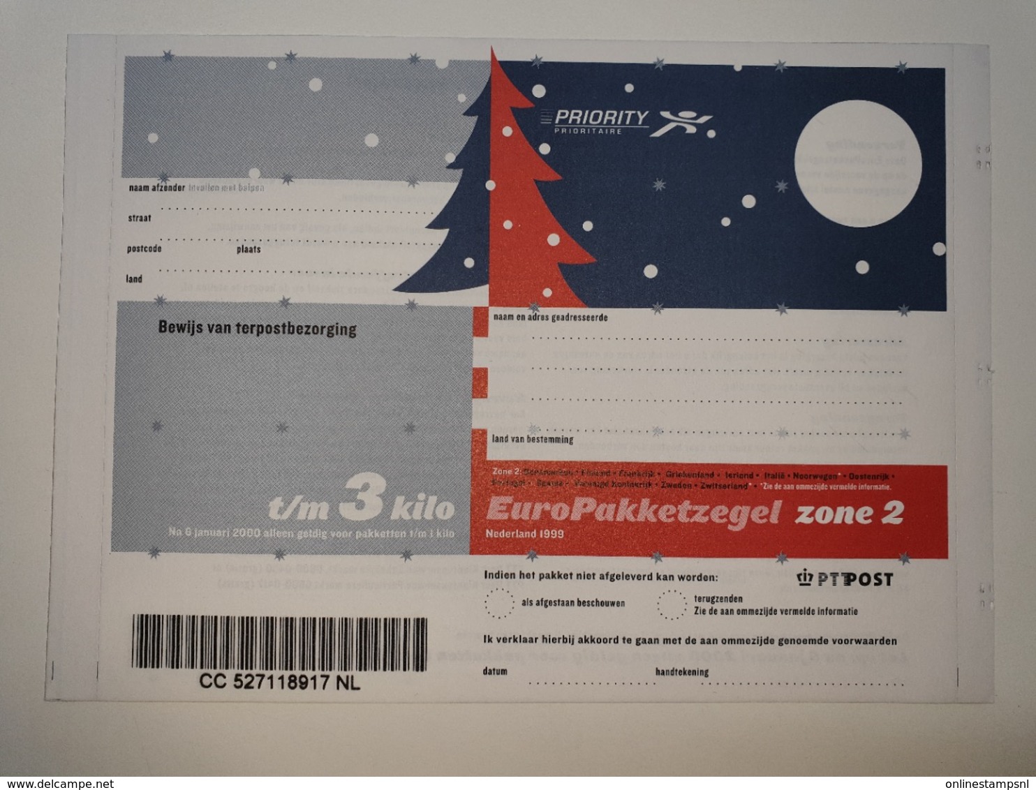 Netherlands EuroPakketzegel December 1998 Upto 3 Kg Not Used  Euro Pakketzegel - Interi Postali