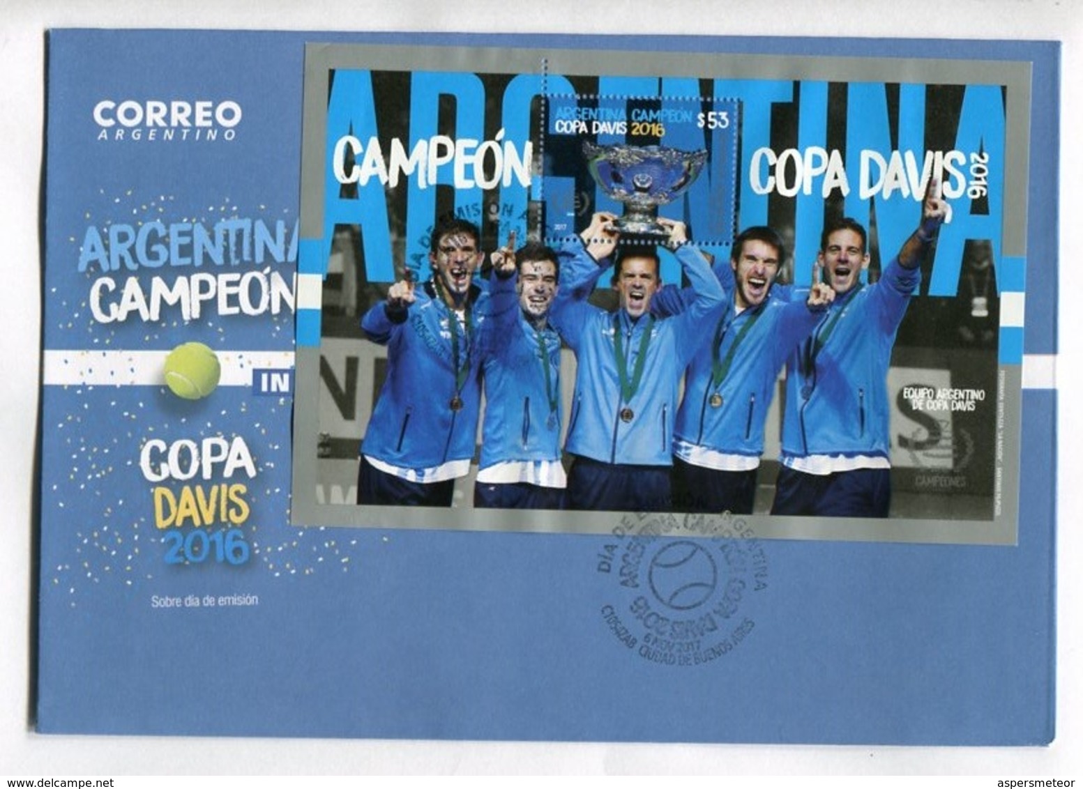 ARGENTINA CAMPEON COPA DAVIS 2016 -  ARGENTINA 2017 FDC SOBRE DIA DE EMISION CON BLOQUE BLOC -LILHU - Tennis