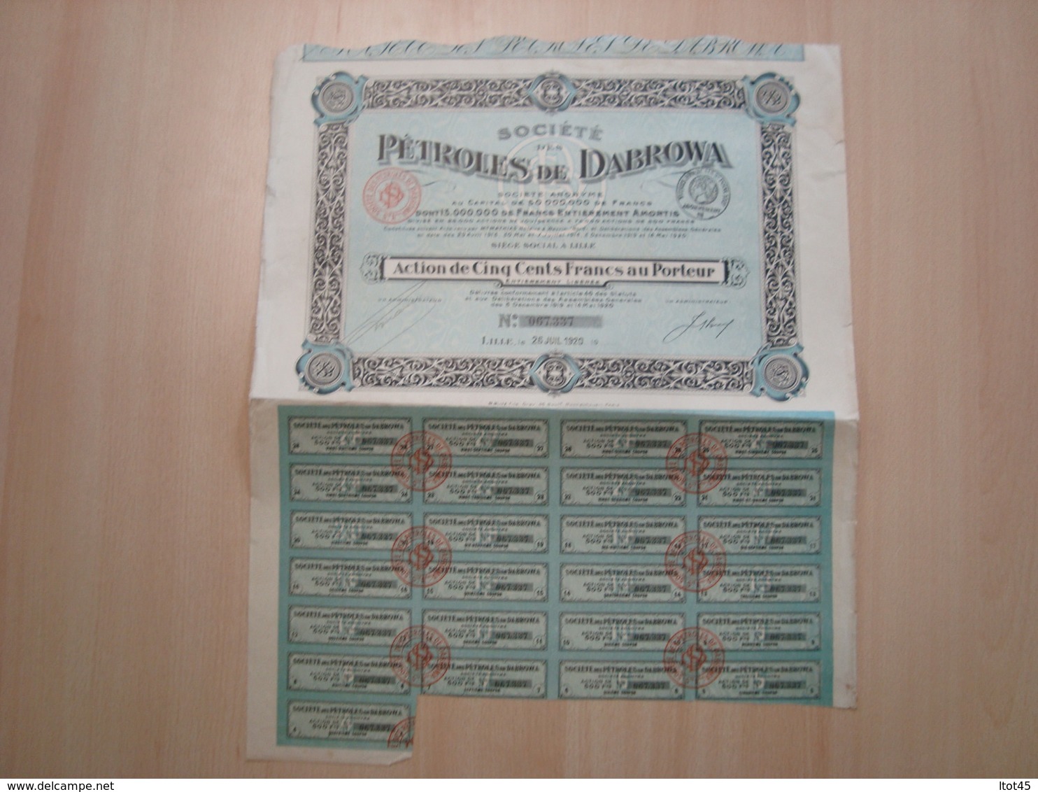 LOT DE 2 ACTIONS 500 FRANCS SOCIETE DES PETROLES DE DABROWA 1920 - Petróleo