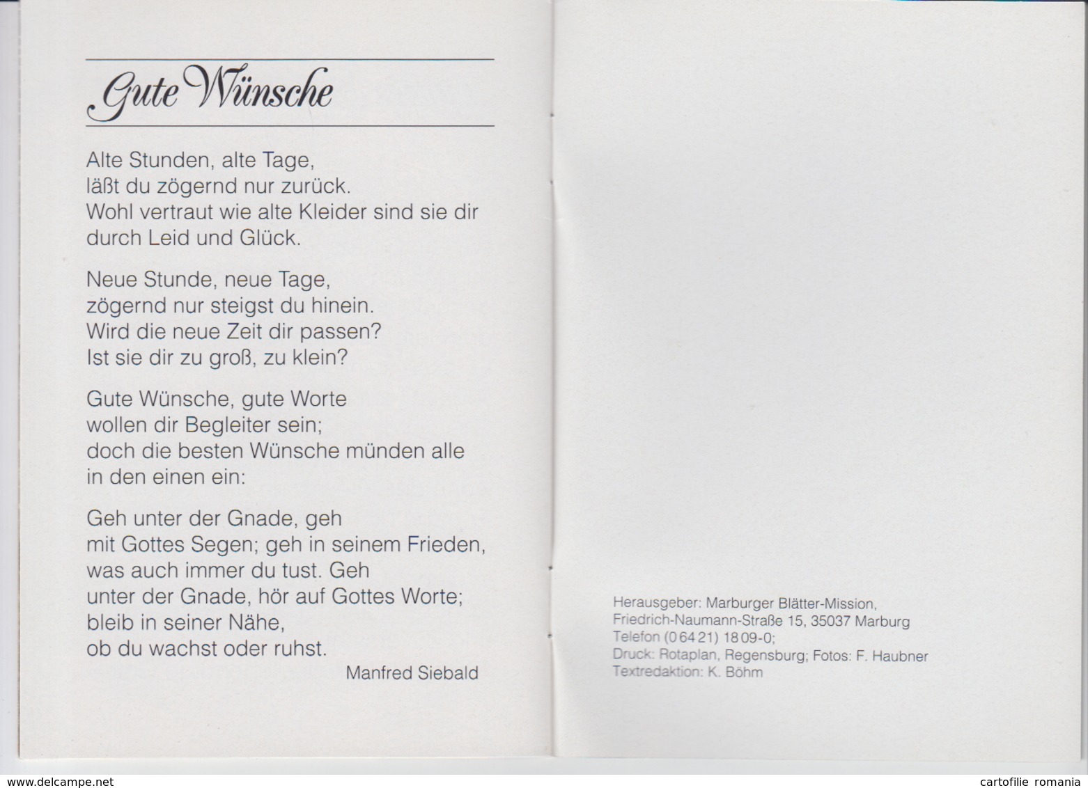 Germany - Poems Literature - Gute Wunsche - Marburger Blatter Mission - Regensburg - 12 Pages - Poesia