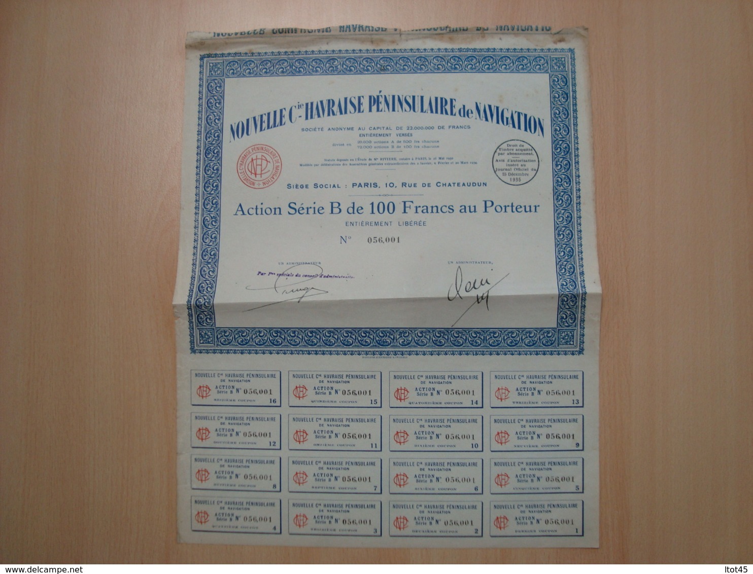 ACTION 100 FRANCS NOUVELLE Cie HAVRAISE PENINSULAIRE DE NAVIGATION 1935 - Navigation