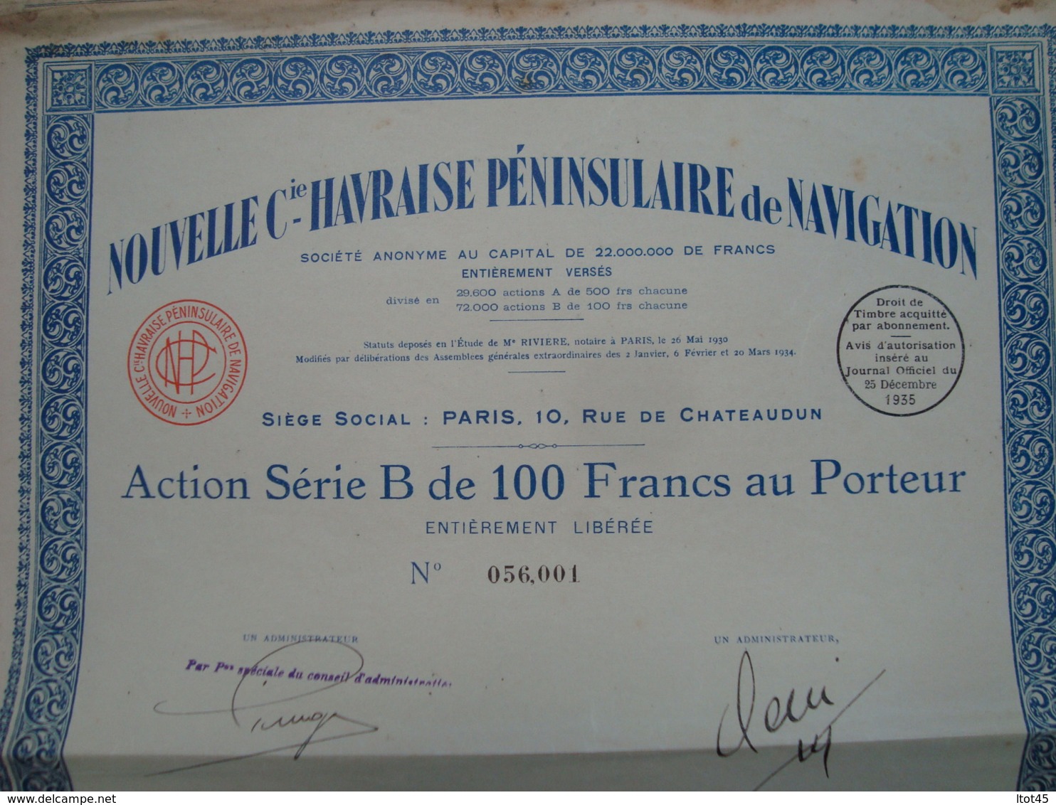 ACTION 100 FRANCS NOUVELLE Cie HAVRAISE PENINSULAIRE DE NAVIGATION 1935 - Navigation