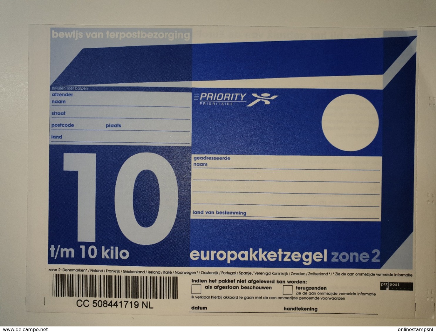 Netherlands Europakketzegel Upto 10 Kg, Not Used  Zone 2  Euro Pakketzegel - Interi Postali