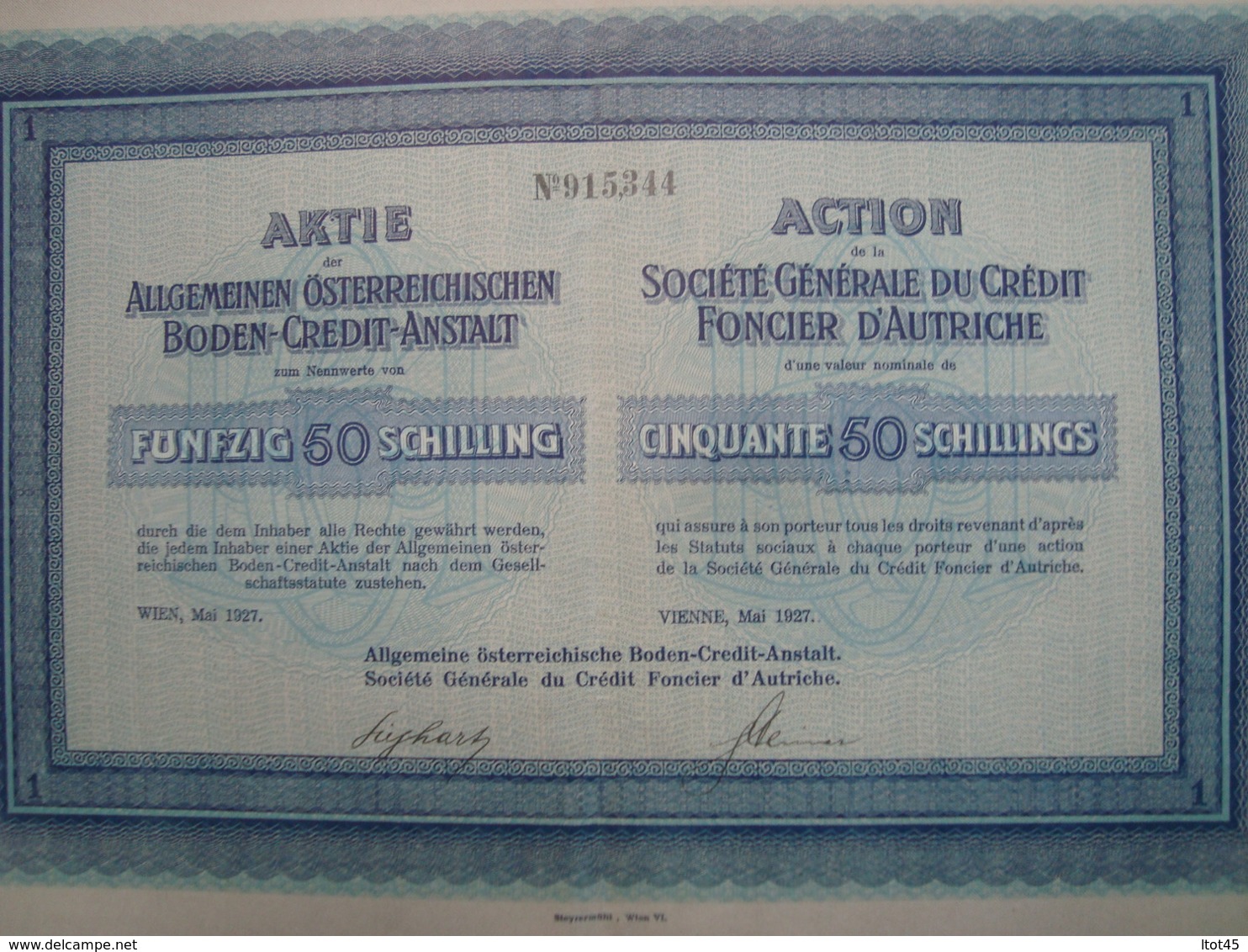 ACTION SOCIETE GENERALE DU CREDIT FONCIER D'AUTRICHE 1927 - Bank En Verzekering