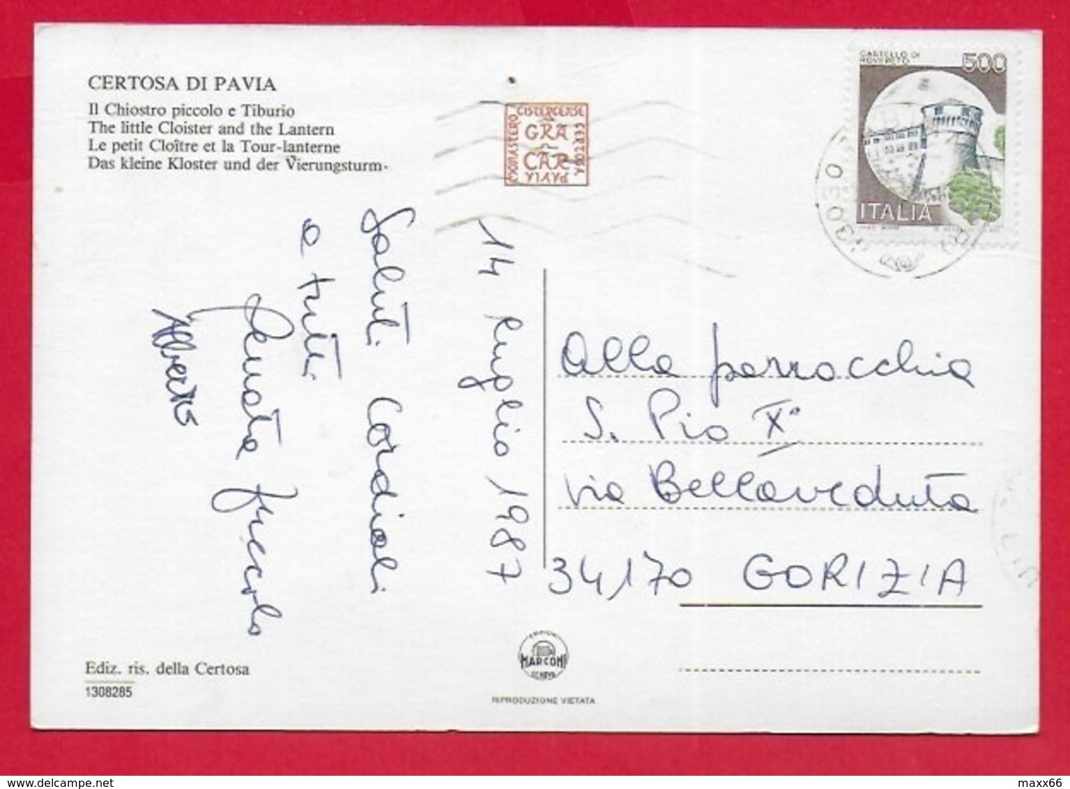 CARTOLINA VG ITALIA - CERTOSA DI PAVIA - Il Chiostro Piccolo E Tiburio - 10 X 15 - ANN. 1987 - Chiese E Conventi