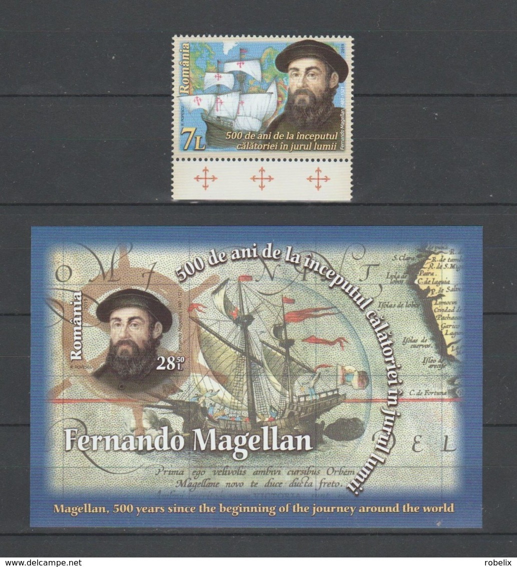 ROMANIA 2019  MAGELLAN  500 Years  - Set 1 Val  + Imperforated Souvenir Sheet  MNH** - Explorers