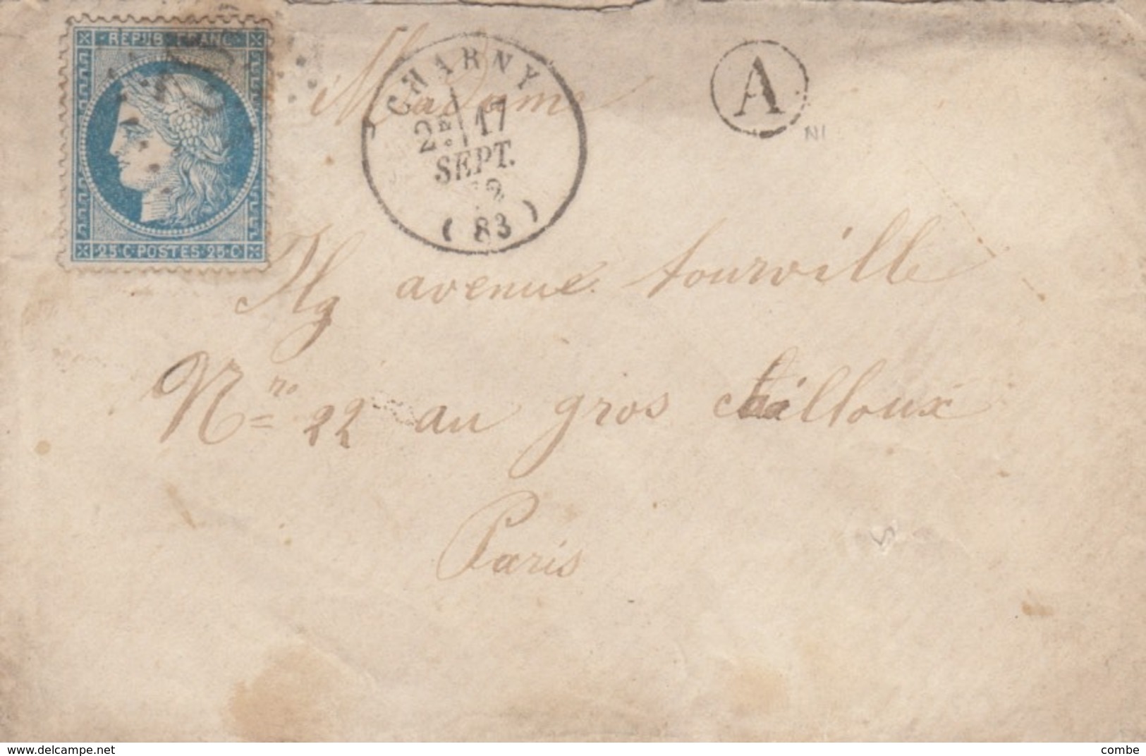 LETTRE. 17 SEPT 72. YONNE CHARNY. GC 902. BOITE RURALE A POUR PARIS. AUXERRE A PARIS - 1849-1876: Période Classique