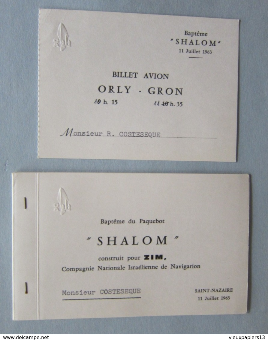 Baptême Paquebot Shalom 1963 Rare ensemble documents Photos Menu Billet Avion St Nazaire Ben Gurion Judaica Israel