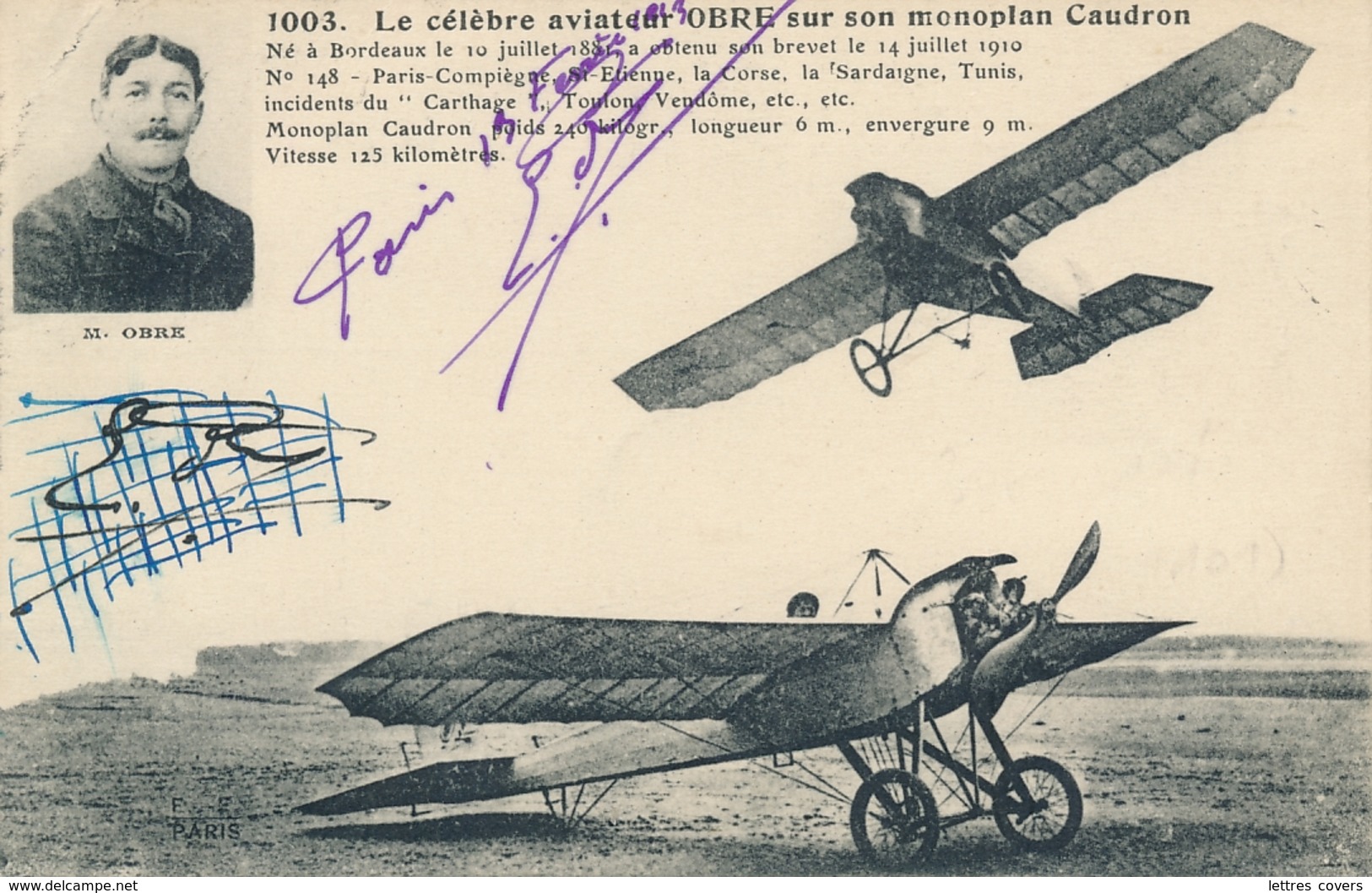 Aviateur M. OBRE- Signature AUTOGRAPHE Sur CP " Le Célèbre Aviateur Sur Son Monoplan CAUDRON " - Flieger