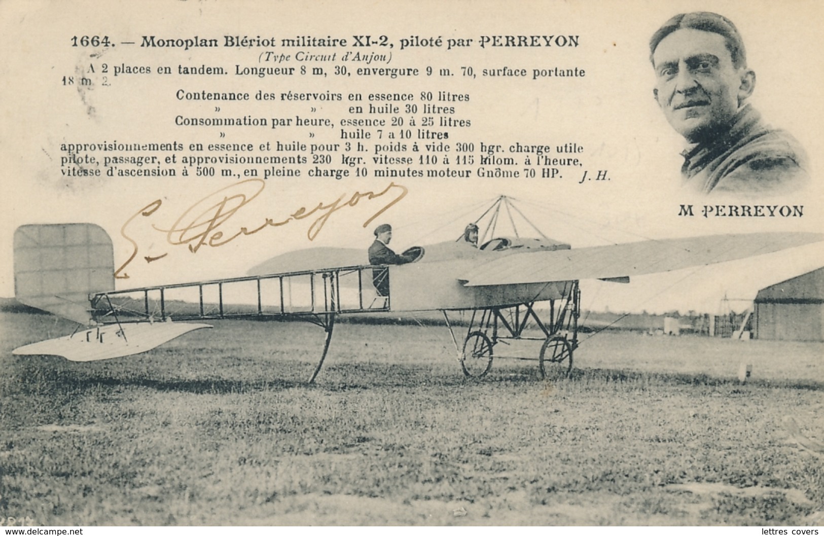 Aviateur M. PERREYON- Texte Et Signature AUTOGRAPHE Sur CP " Monoplan Blériot Militaire XI-2 Piloté Par PERREYON " - Flieger