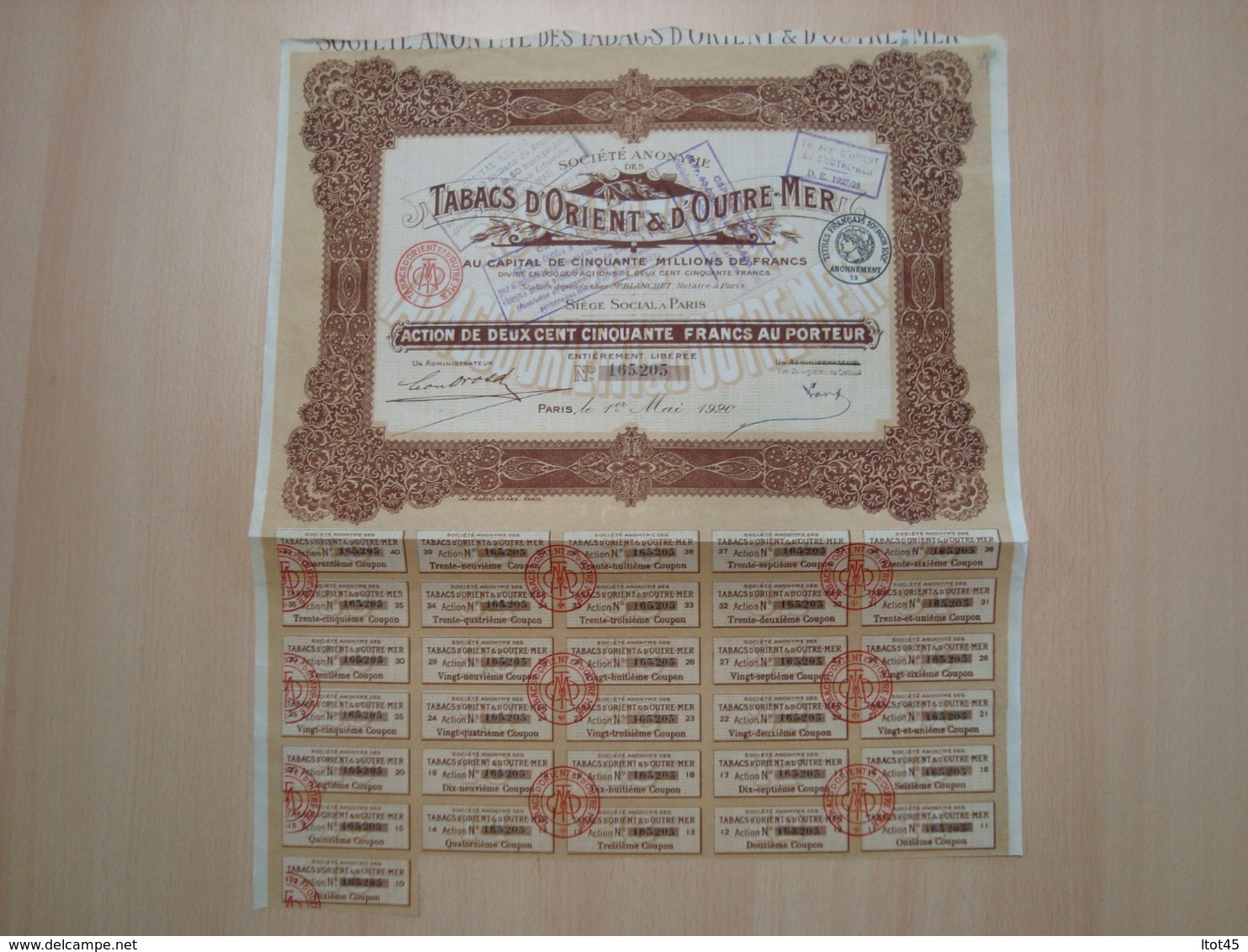 ACTION DE 250 FRANCS TABACS D'ORIENT & D'OUTRE-MER 1920 - Otros & Sin Clasificación