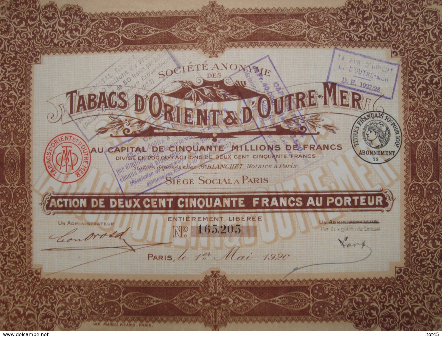 ACTION DE 250 FRANCS TABACS D'ORIENT & D'OUTRE-MER 1920 - Otros & Sin Clasificación