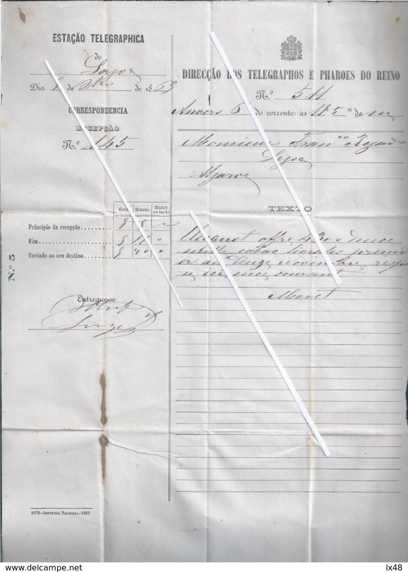 Raro Telegrama Da Estação Telegráphica De Lagos, 1869. Direcção Dos Telegraphos E Pharoes Do Reino. Algarve. 2sc. Anvers - Lettres & Documents