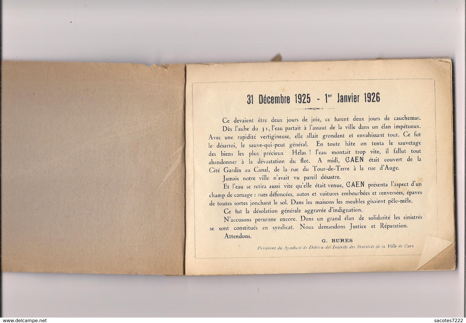 PETIT LIVRET INONDATIONS DE CAEN DECEMBRE 1925 -JANVIER 1926 - Delassale Et Coron - 24 Pages - Caen