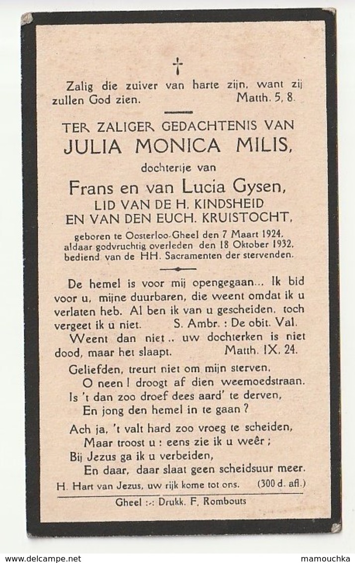 Doodsprentje Julia Monica MILIS Dochtertje Gysen Oosterloo-Gheel 1924 - 1932 - Kind - Santini