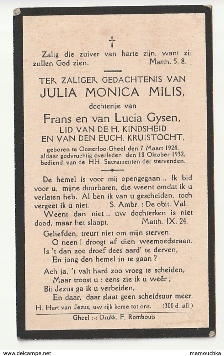 Doodsprentje Julia Monica MILIS Dochtertje Gysen Oosterloo-Gheel 1924 - 1932 - Kind - Images Religieuses