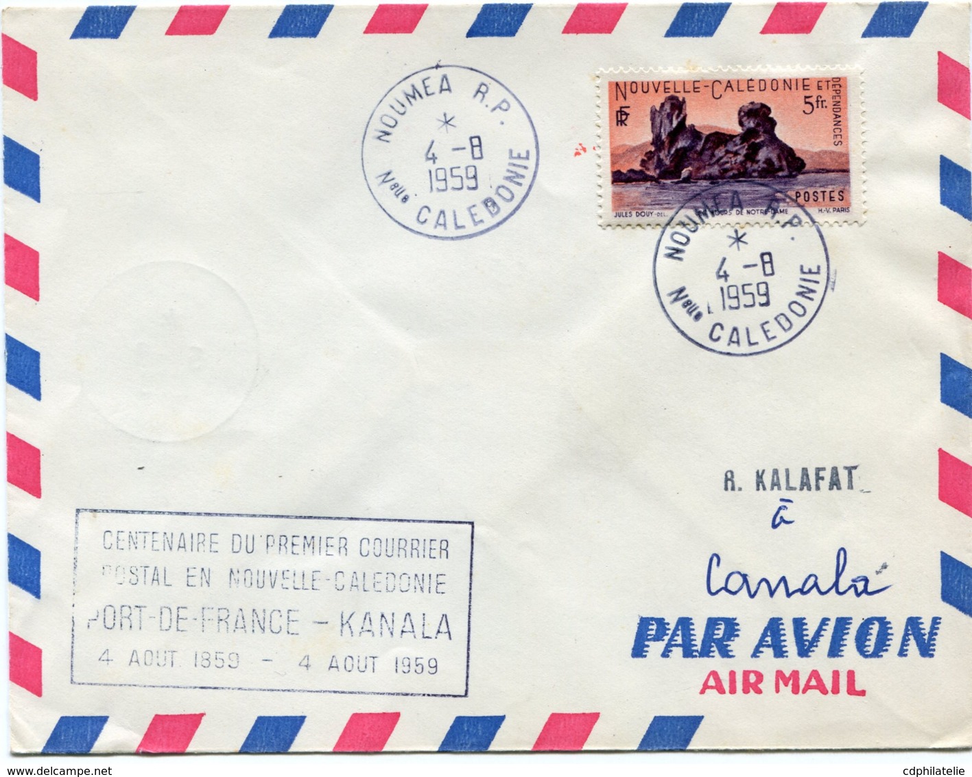 NOUVELLE-CALEDONIE LETTRE AVEC CACHET "CENTENAIRE DU PREMIER COURRIER POSTAL EN....FORT DE FRANCE-KANALA 2 AOUT 1859..." - Covers & Documents